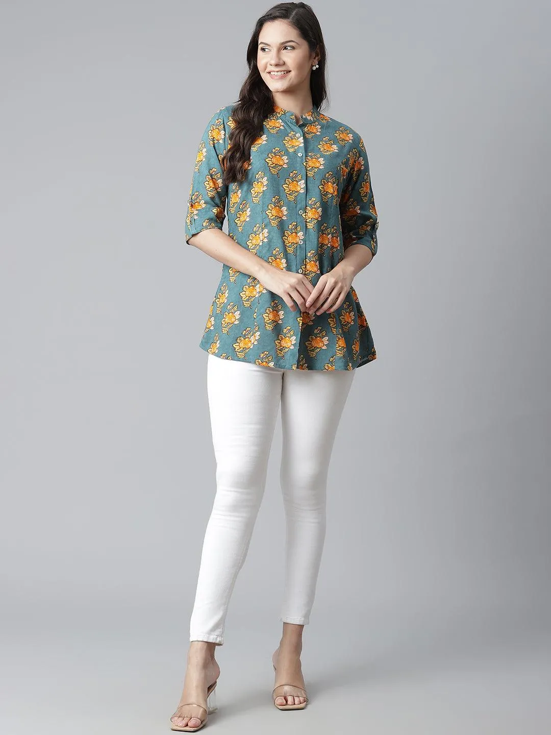 Jashvi Sea Green Rayon Printed Shirt Style A-line Top