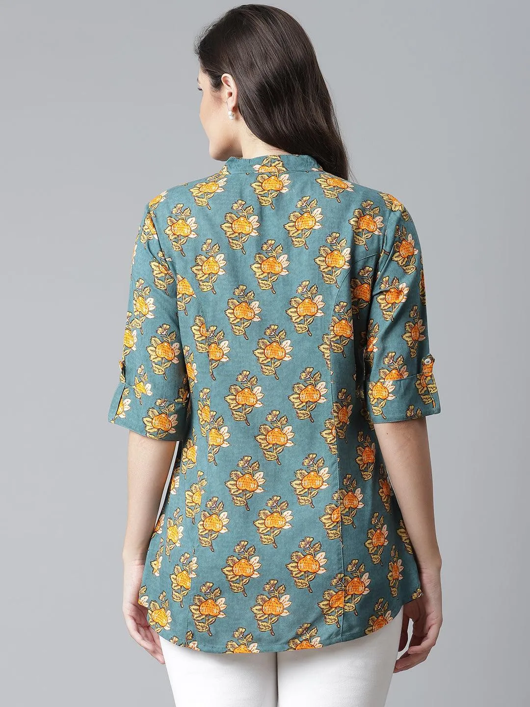 Jashvi Sea Green Rayon Printed Shirt Style A-line Top