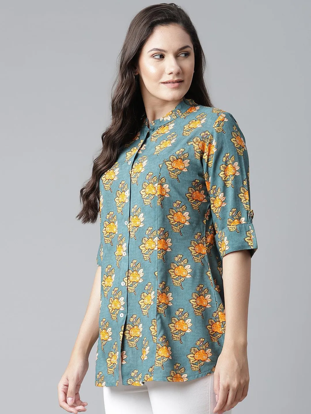 Jashvi Sea Green Rayon Printed Shirt Style A-line Top