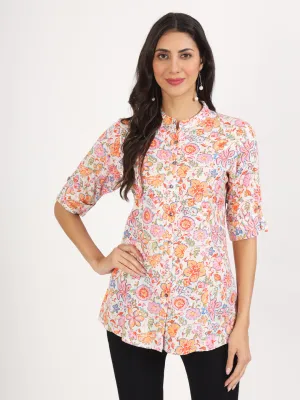 Jashvi White Pink Floral Printed Rayon Top