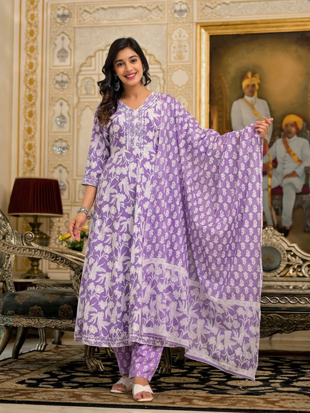 Lavender Floral Printed Rayon Kurta, Pant And Dupatta Set With Thread & Sequins Work