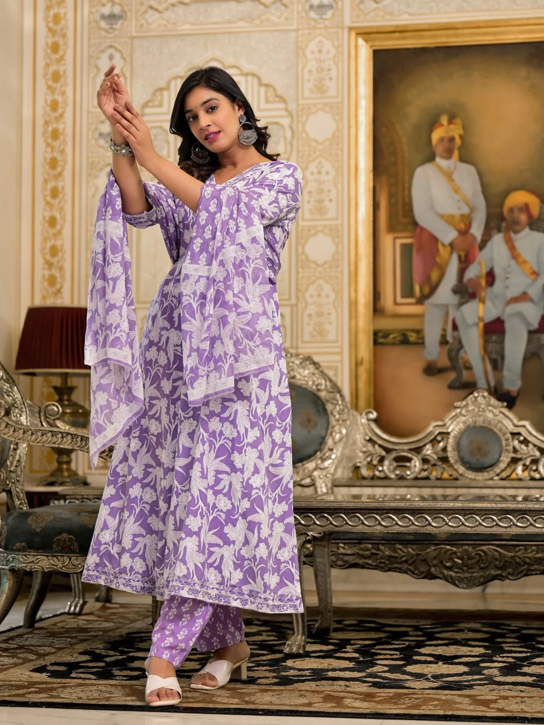 Lavender Floral Printed Rayon Kurta, Pant And Dupatta Set With Thread & Sequins Work