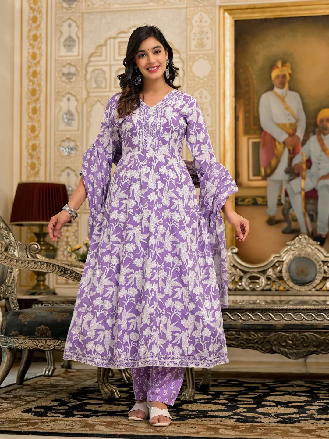 Lavender Floral Printed Rayon Kurta, Pant And Dupatta Set With Thread & Sequins Work