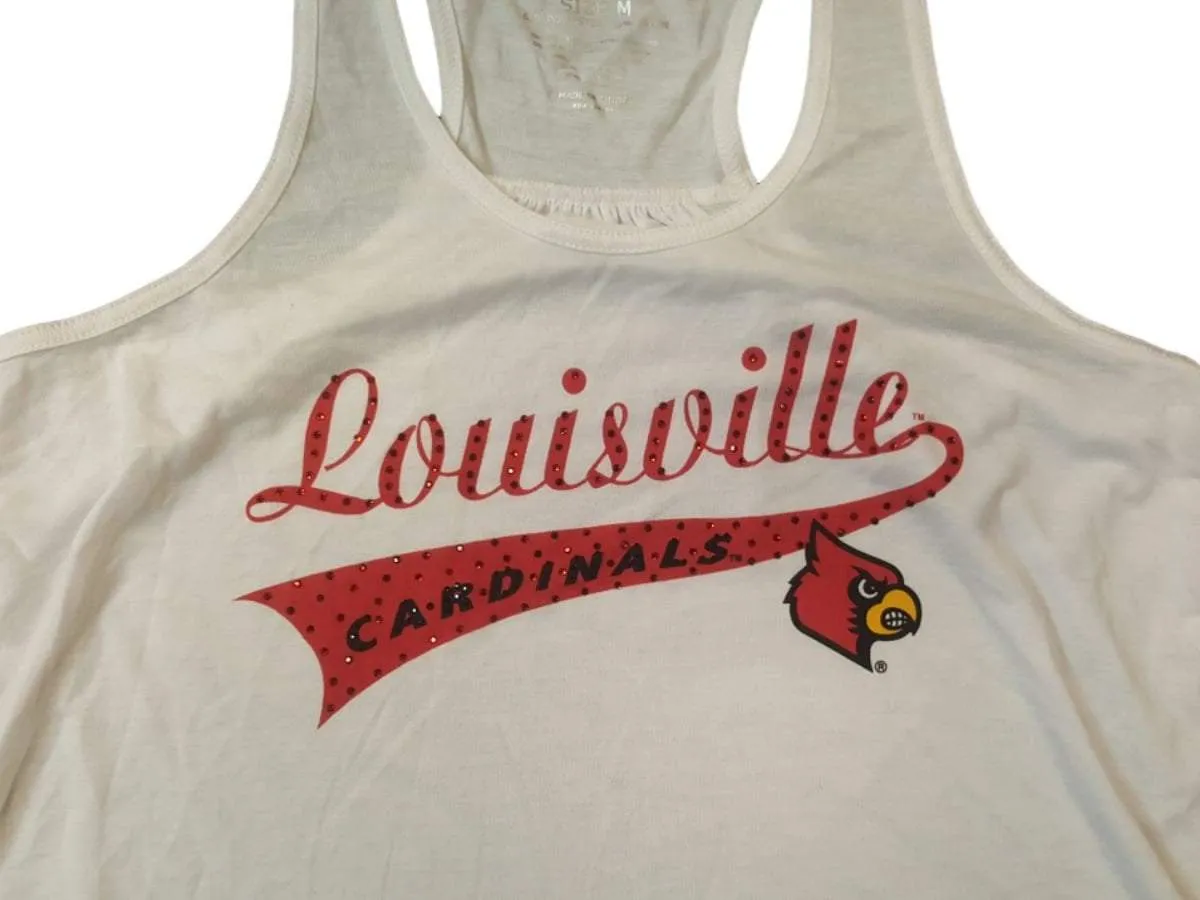 Louisville Cardinals WOMEN'S White Rhinestone Ultra Soft Racerback Tank Top (M)