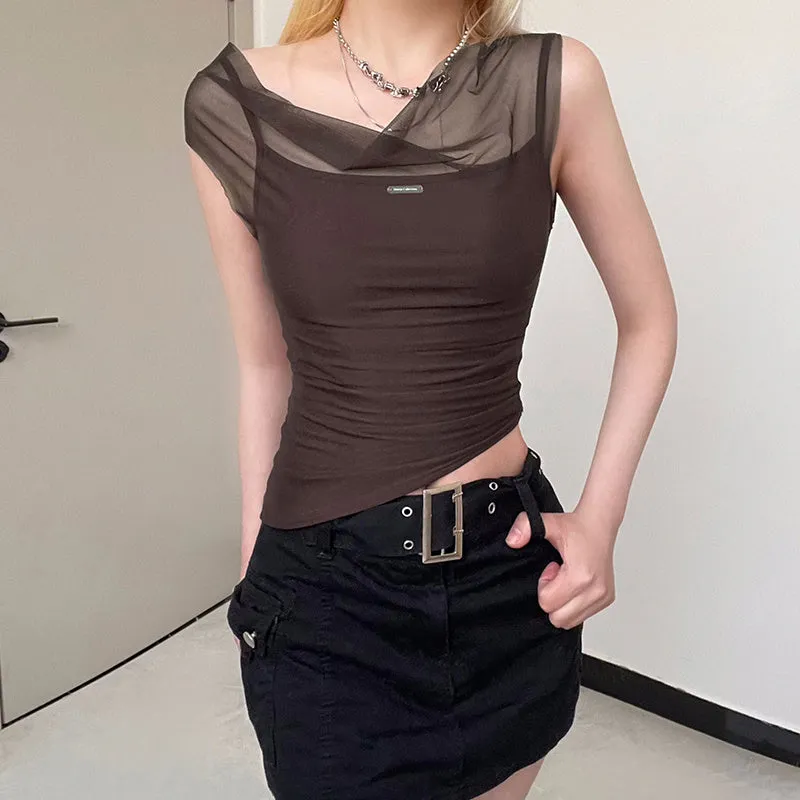 Mesh Spliced Irregular Strap Tank Top For Women