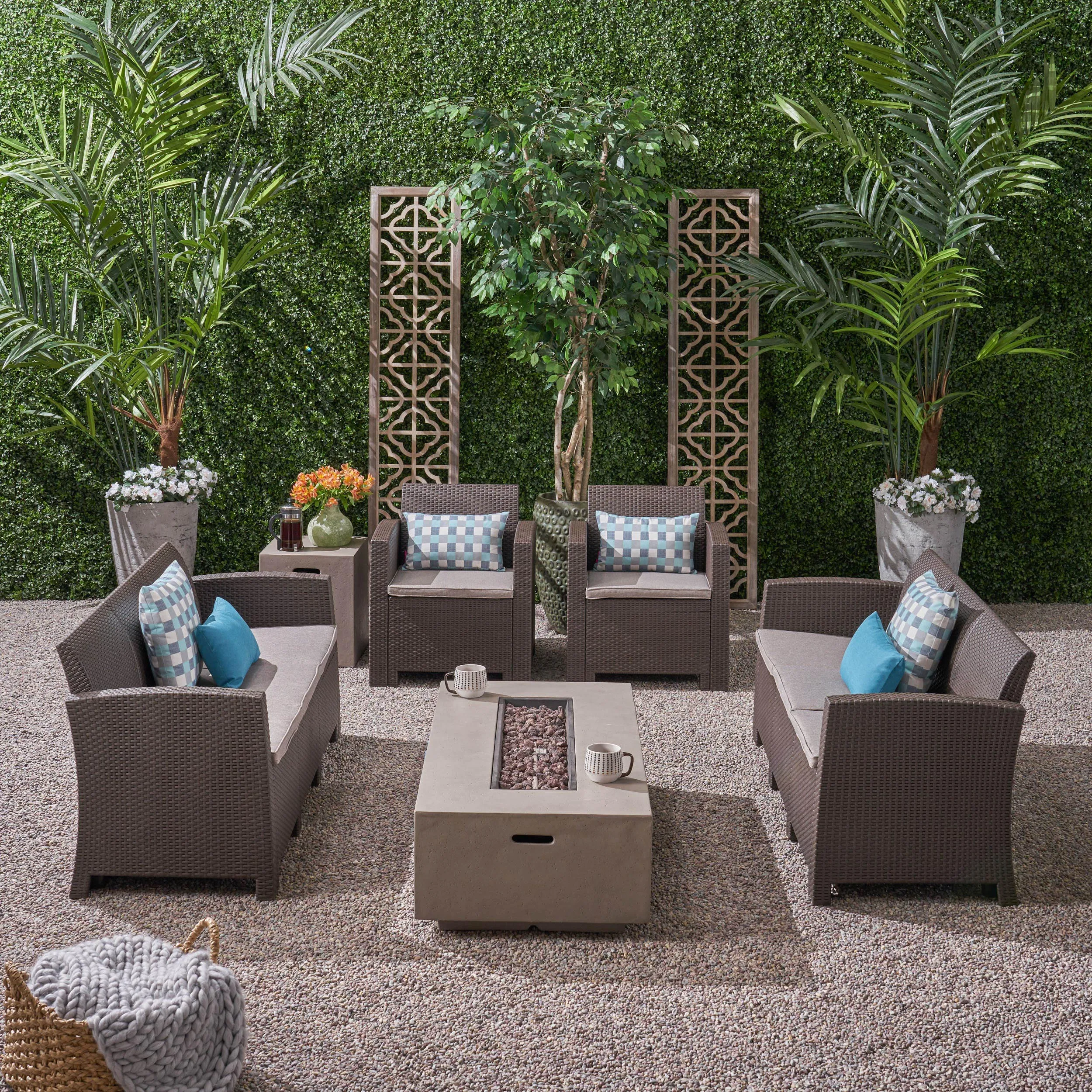 Morena Outdoor 8-Seater Wicker Print Chat Set with Fire Pit and Tank Holder