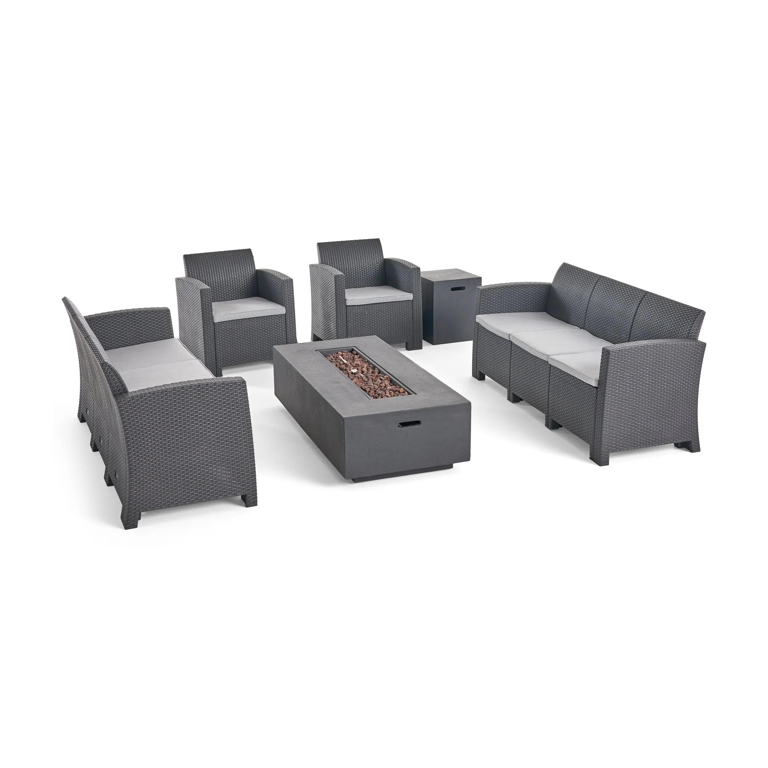 Morena Outdoor 8-Seater Wicker Print Chat Set with Fire Pit and Tank Holder