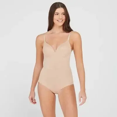 New - ASSETS BY SPANX Women's Flawless Finish Shaping Micro Low Back Cupped Bodysuit Shapewear - Neutral 1X