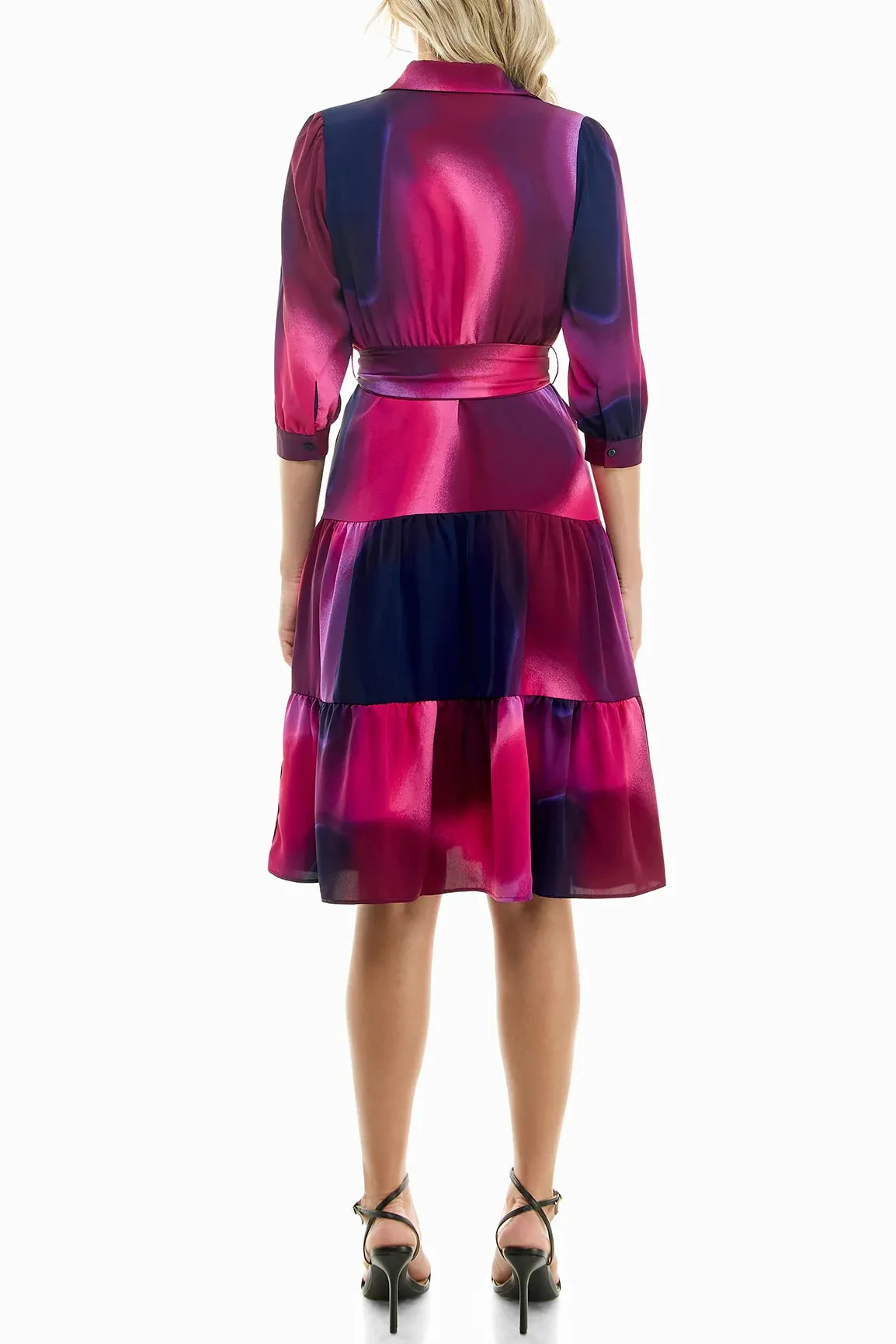 Nicole Miller collared 3/4 sleeve tie waist printed A-line silk dress