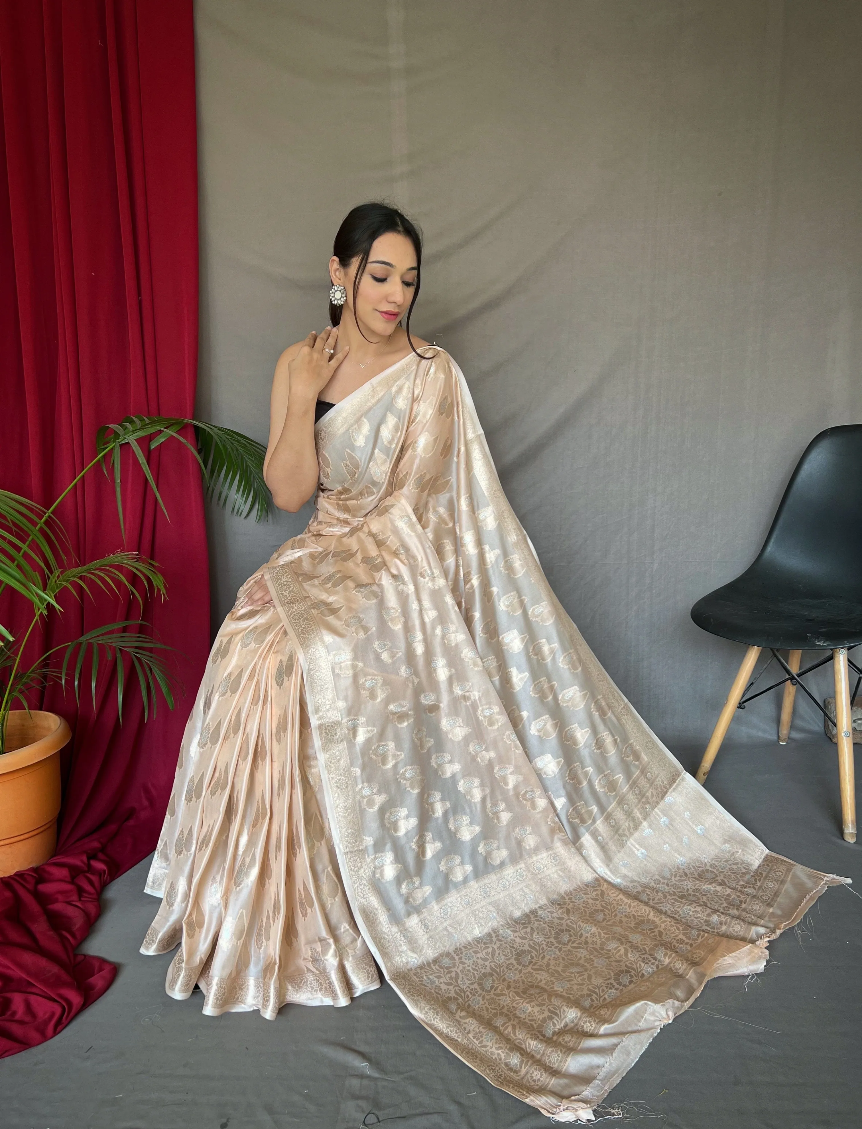 Pastel Peach Saree in Tabby Soft Silk Woven