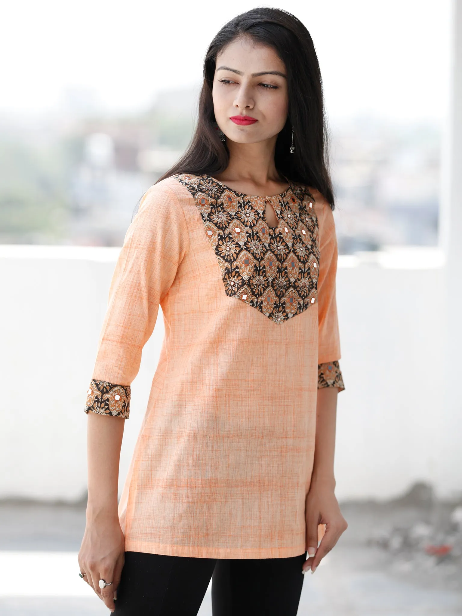 Peach Embroidred Hand Block Printed South Cotton Top  - T64FXXX