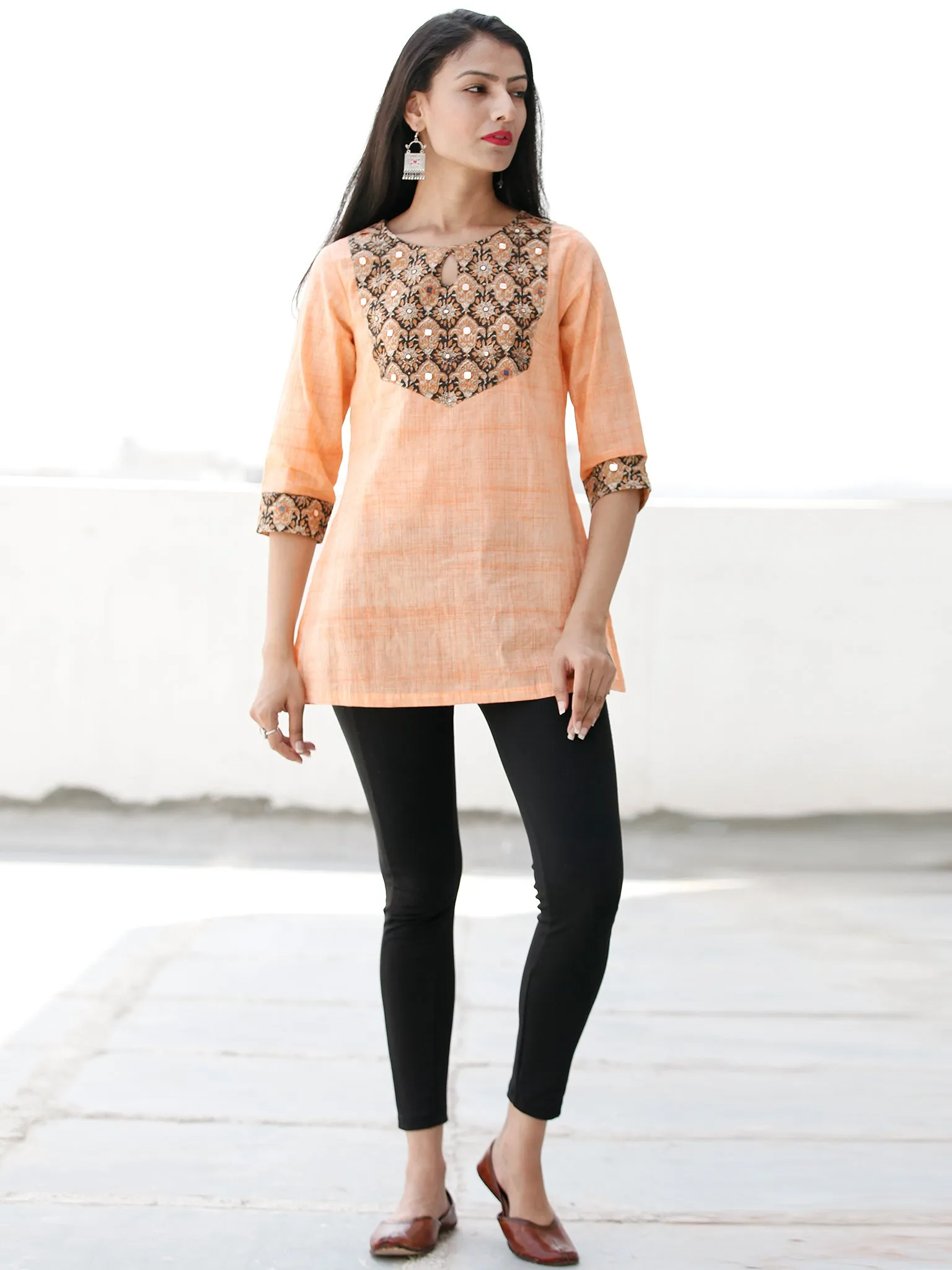 Peach Embroidred Hand Block Printed South Cotton Top  - T64FXXX