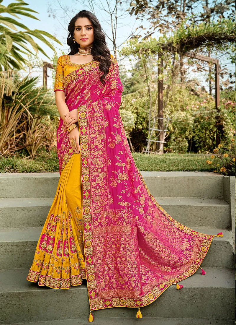 Pink And Yellow Embroidered Silk Saree