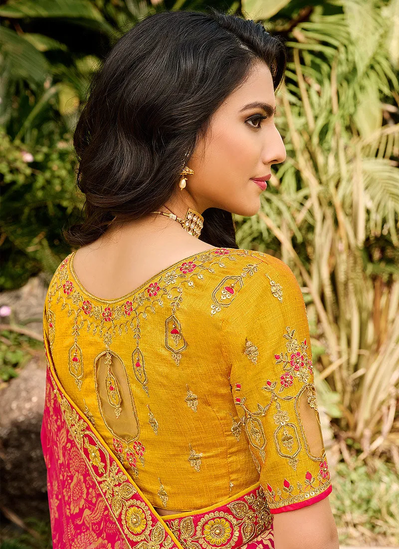 Pink And Yellow Embroidered Silk Saree