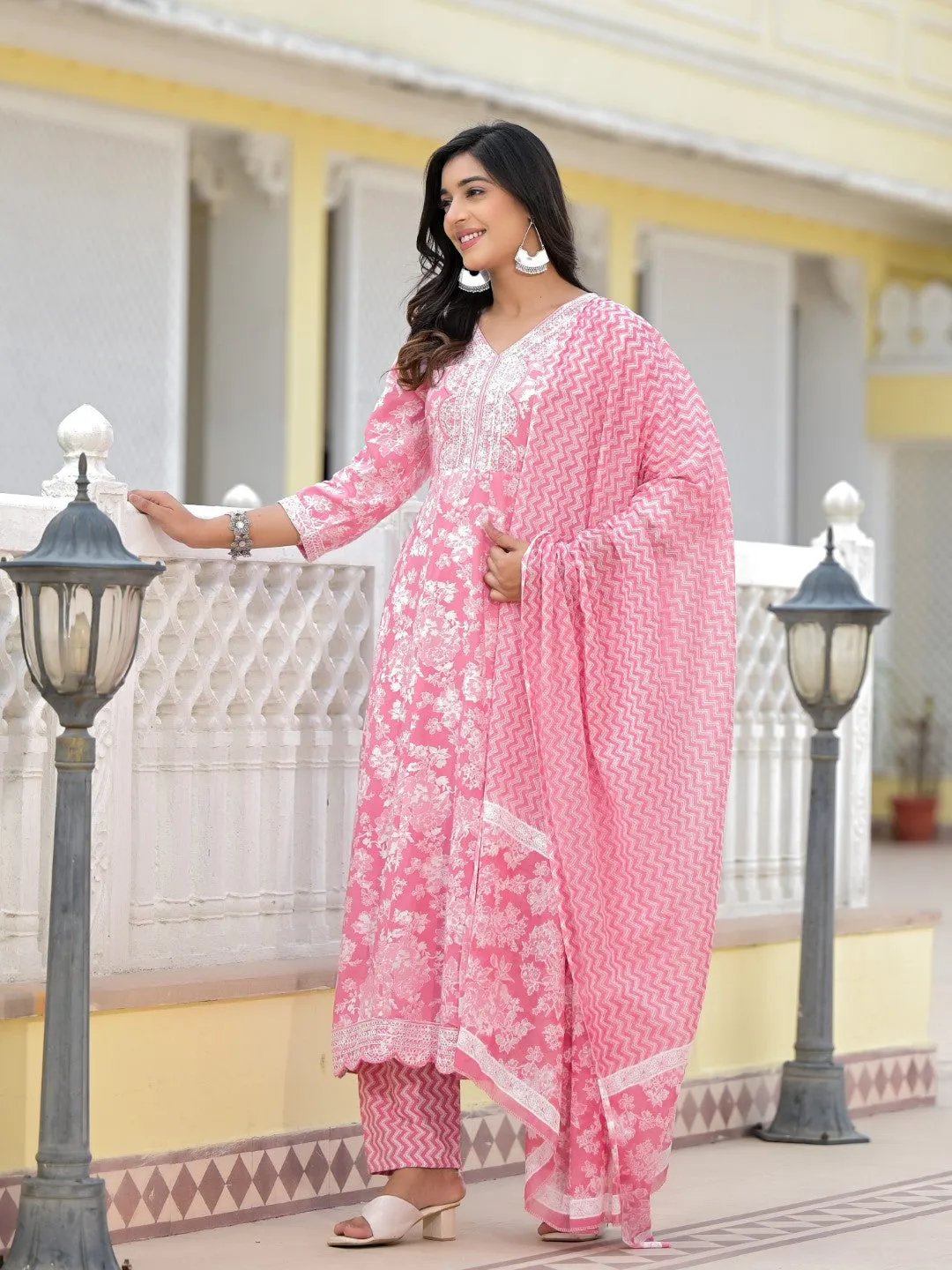 Pink Floral Printed Rayon Kurta, Pant And Dupatta Set With Thread & Sequins Work