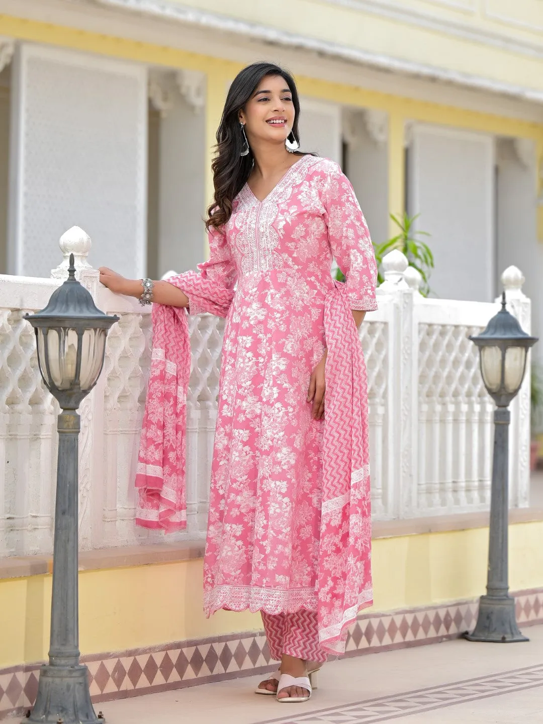 Pink Floral Printed Rayon Kurta, Pant And Dupatta Set With Thread & Sequins Work