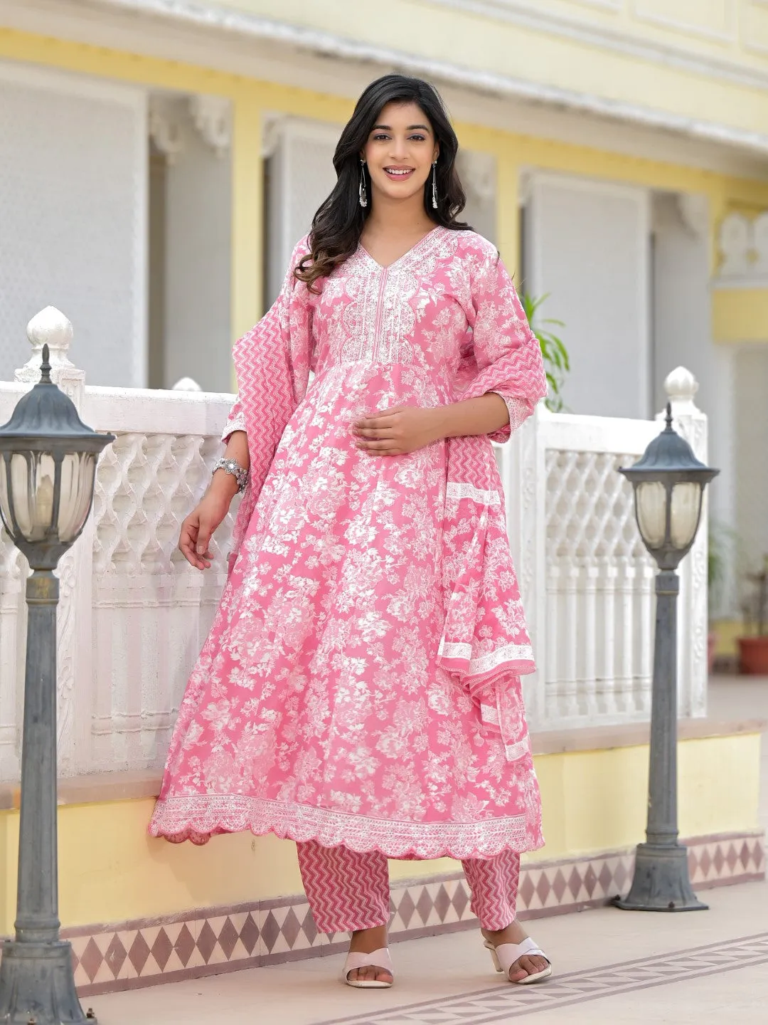 Pink Floral Printed Rayon Kurta, Pant And Dupatta Set With Thread & Sequins Work