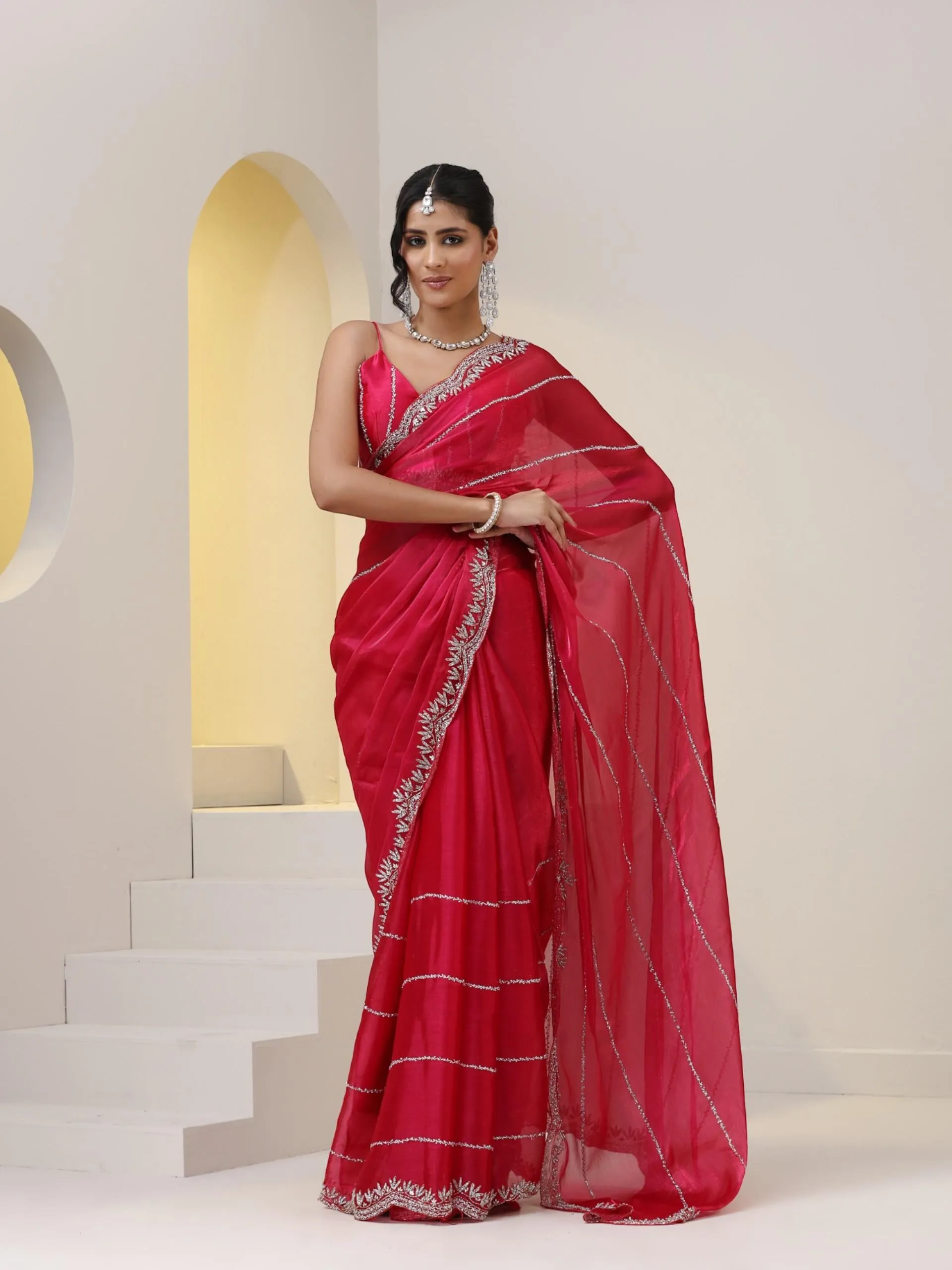 Pink Organza Chiffon Saree with Cut Dana Embroidery with Embroidered Blouse Fabric