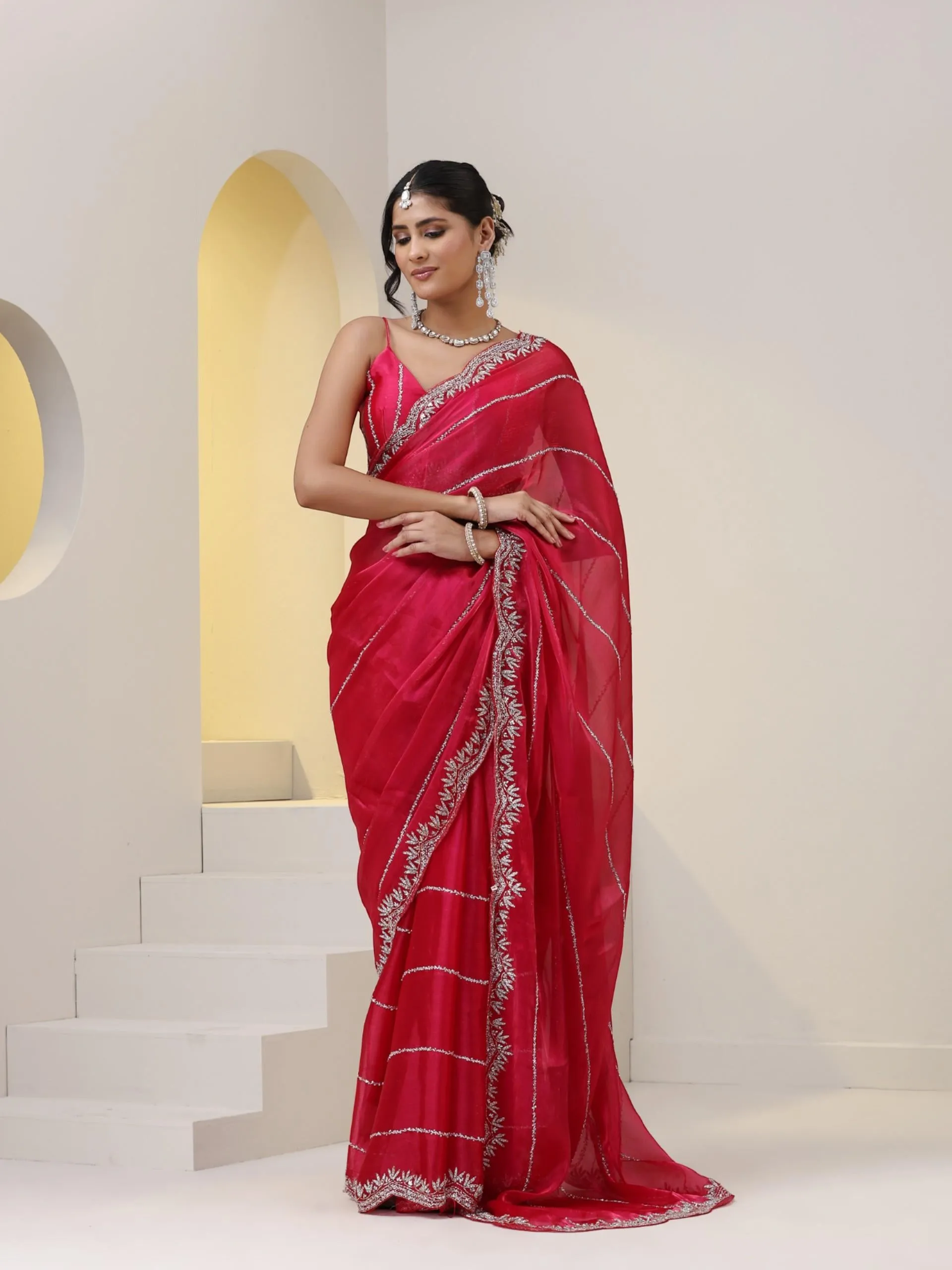 Pink Organza Chiffon Saree with Cut Dana Embroidery with Embroidered Blouse Fabric