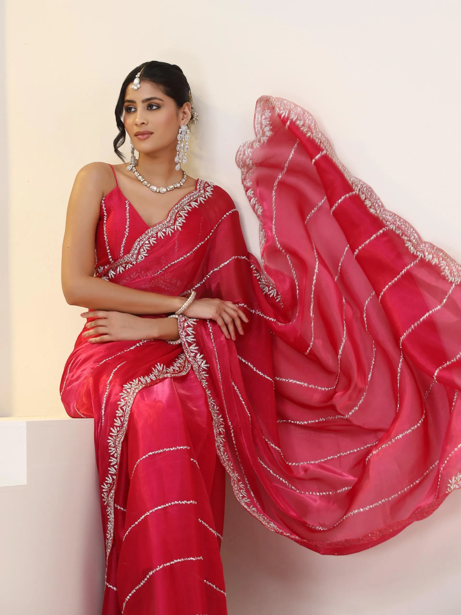 Pink Organza Chiffon Saree with Cut Dana Embroidery with Embroidered Blouse Fabric