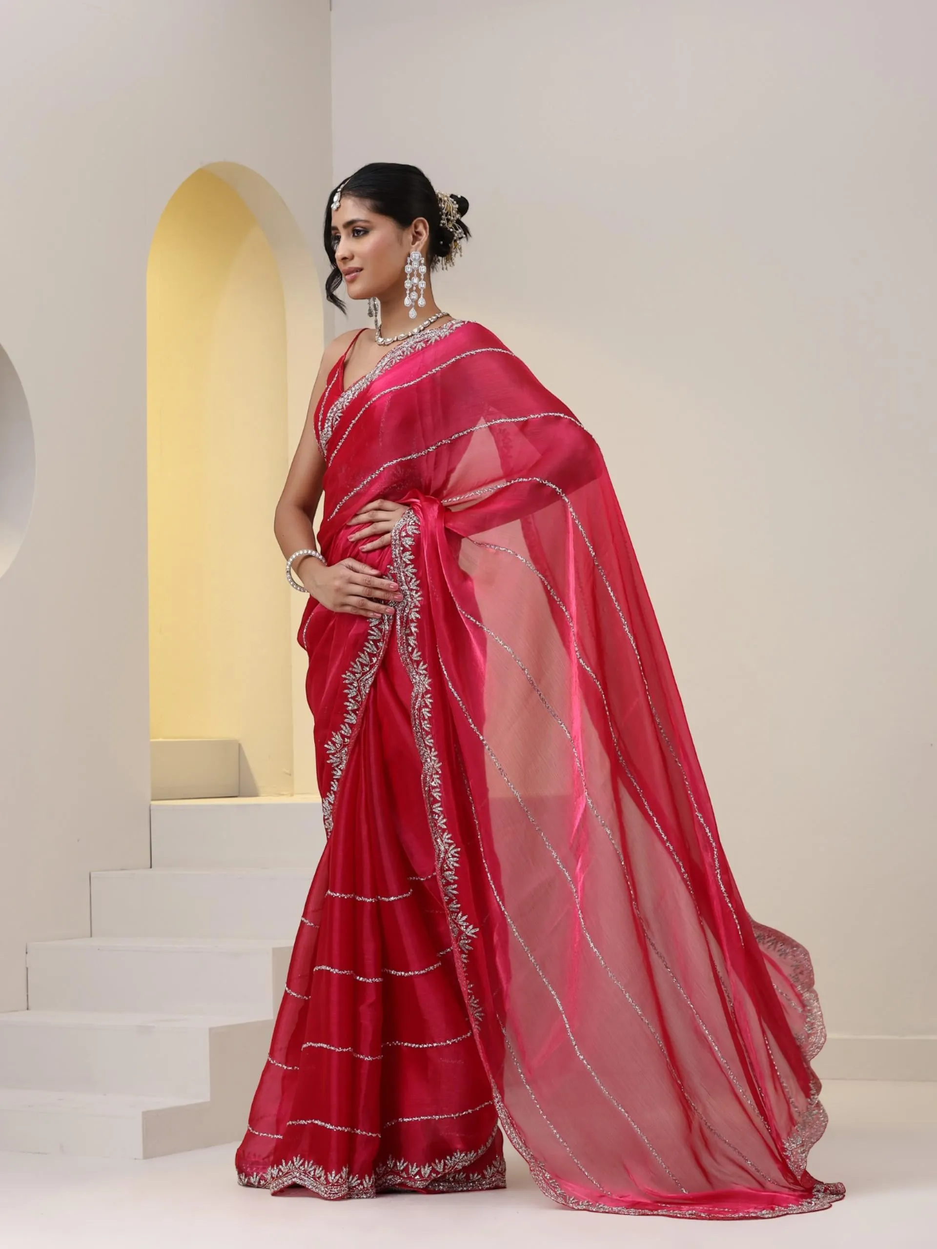 Pink Organza Chiffon Saree with Cut Dana Embroidery with Embroidered Blouse Fabric