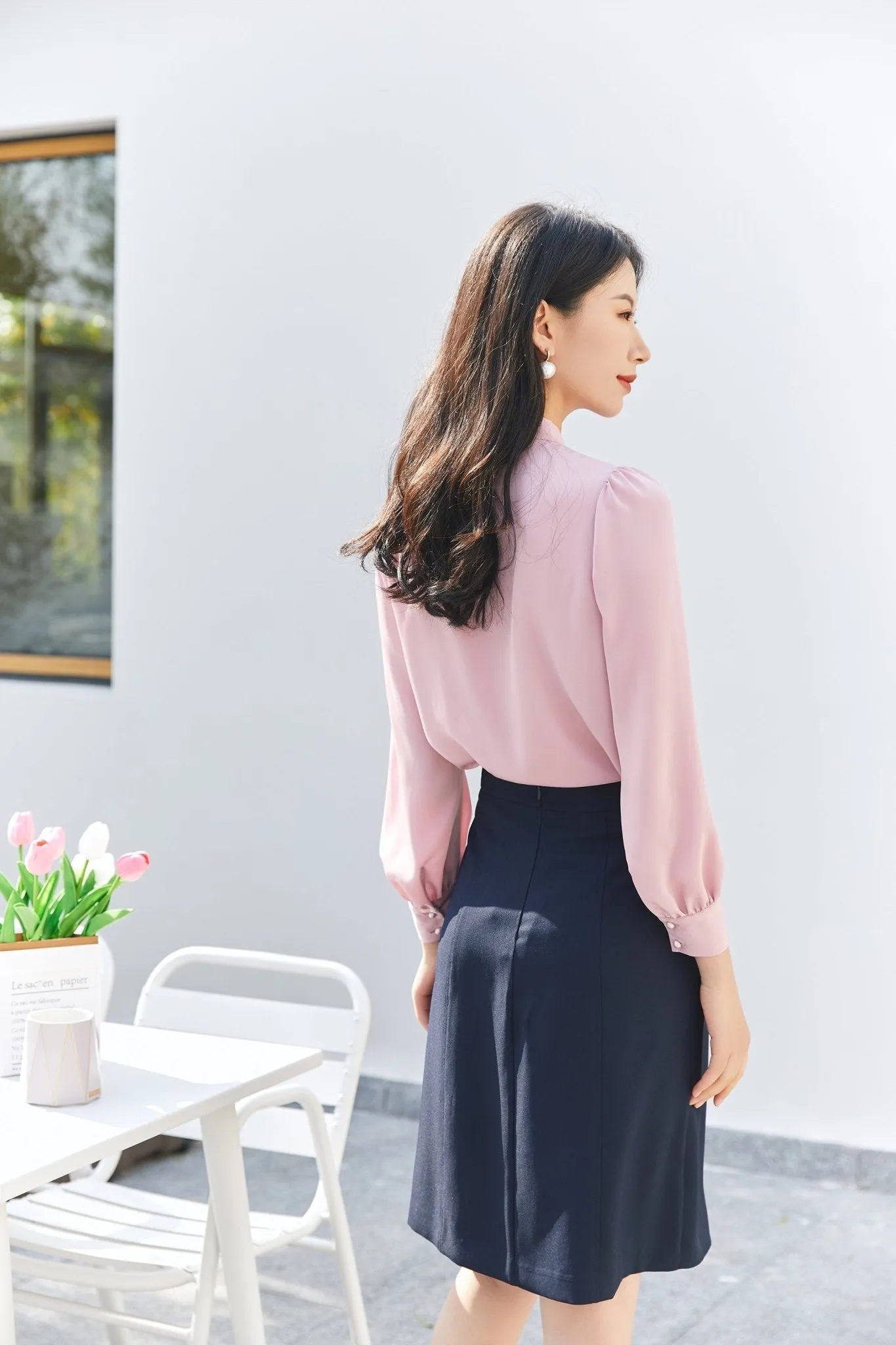 Pink V-neck Ribbon Long Sleeve Blouse Tops