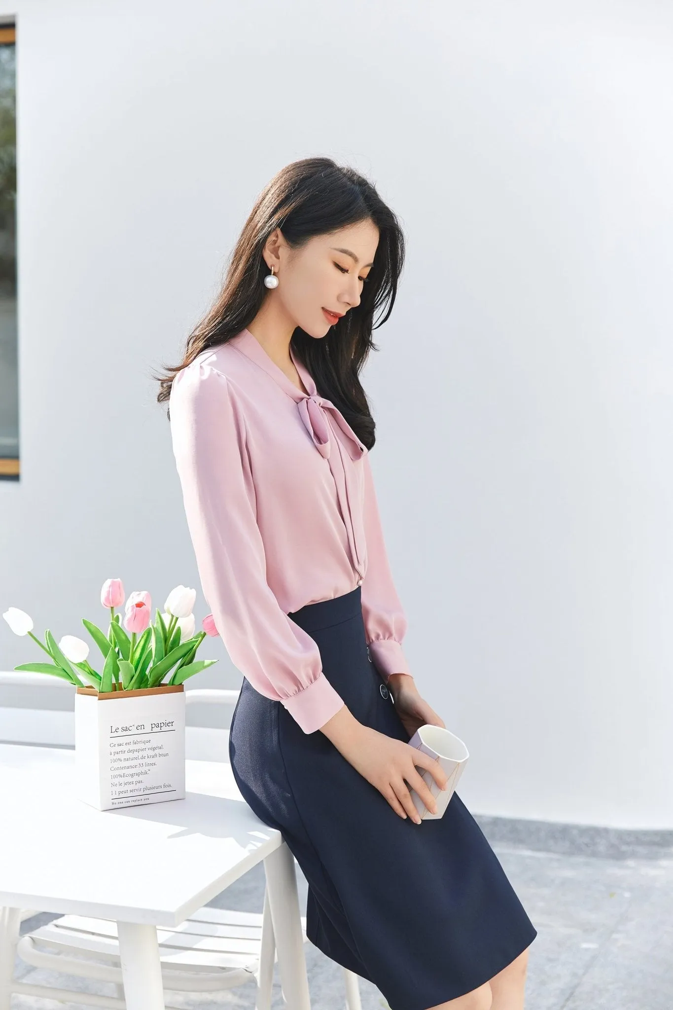 Pink V-neck Ribbon Long Sleeve Blouse Tops