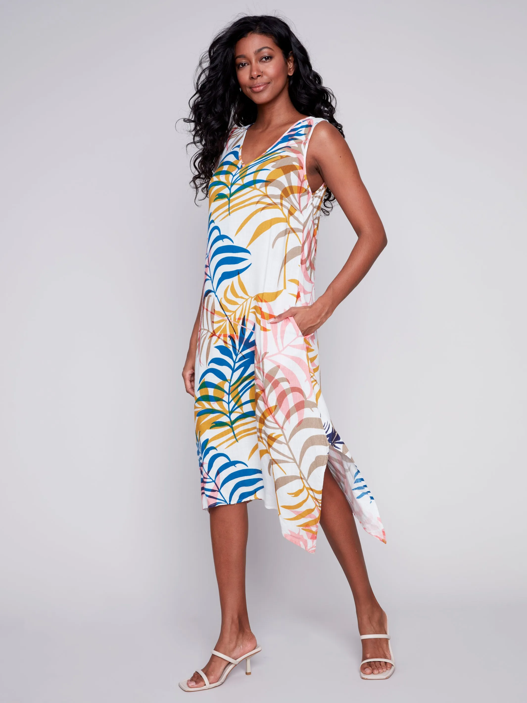 Printed Midi Dress with Slits and Pockets