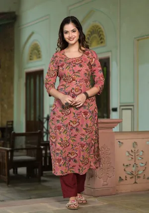 Punchi Pink Hand Block Print Cotton Straight Kurta