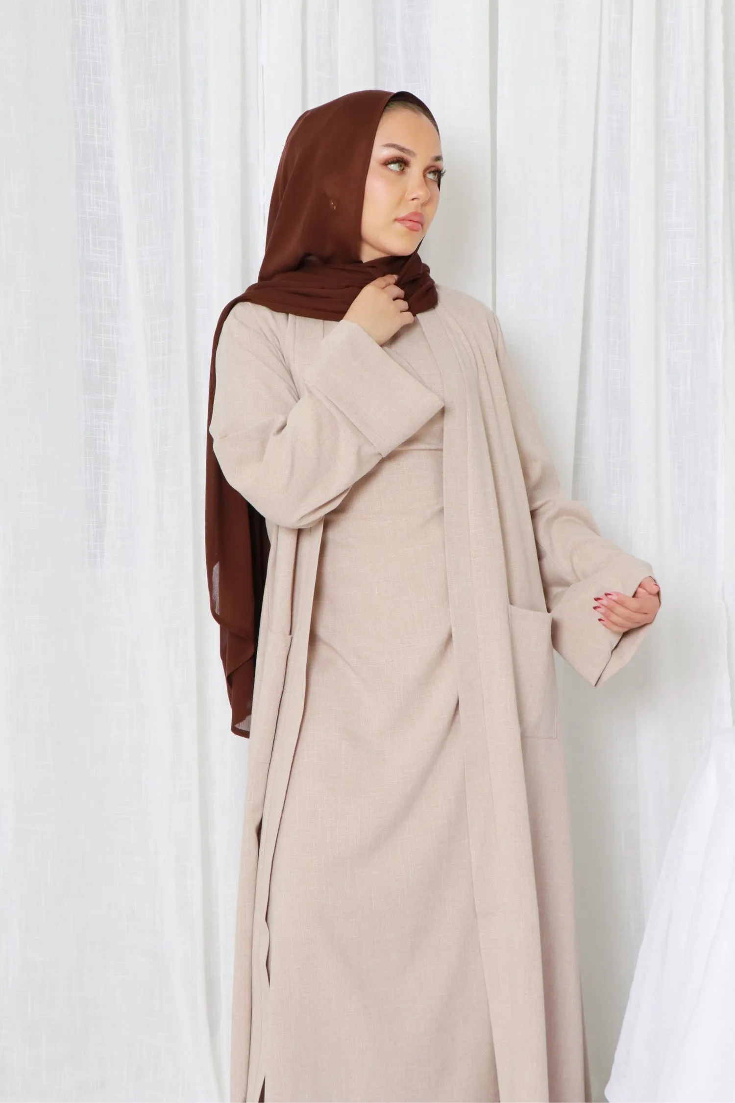 Rana linen Abaya Set- Oatmeal