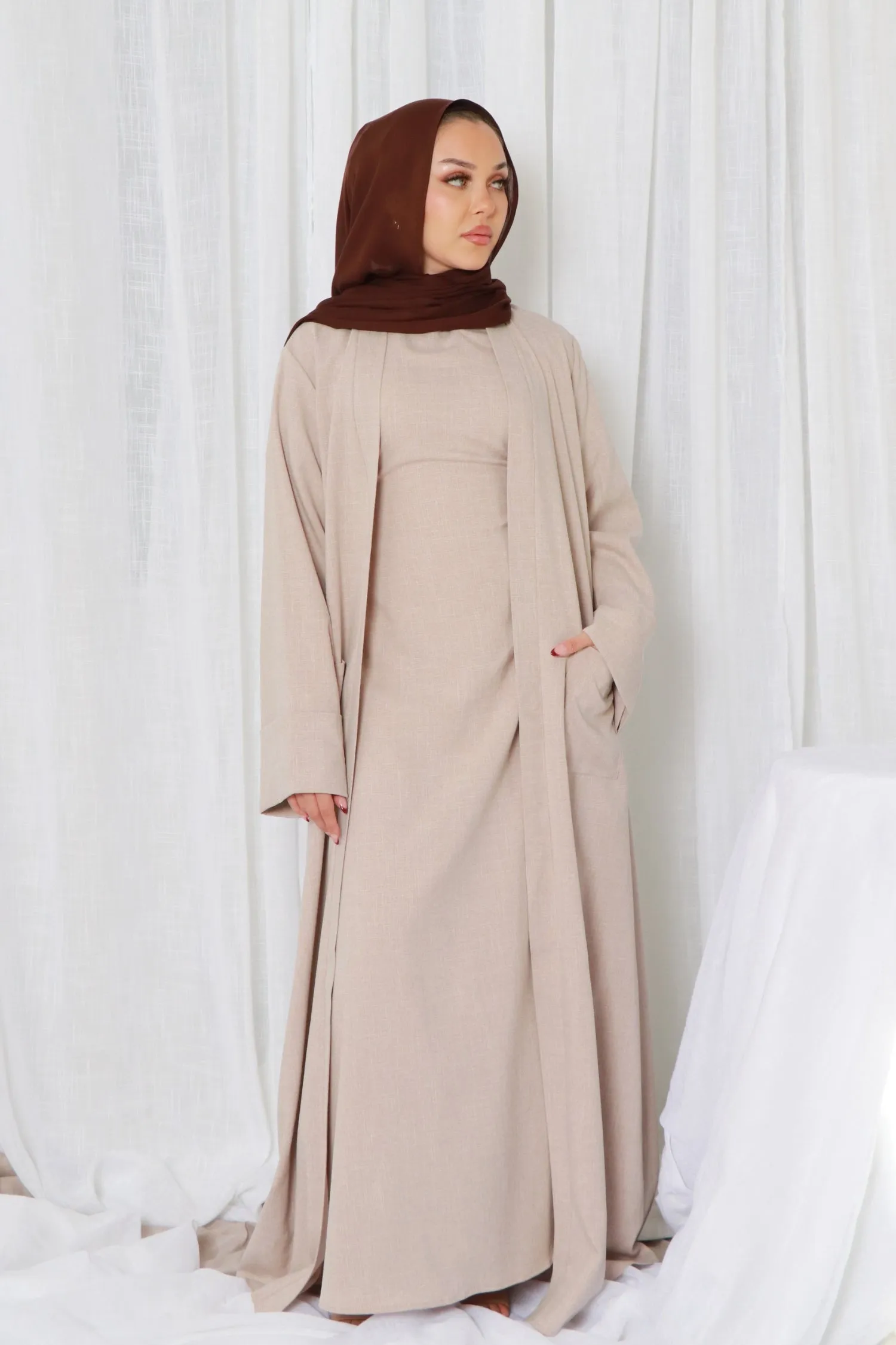 Rana linen Abaya Set- Oatmeal