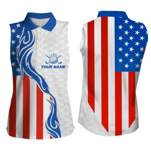 Red, white, and blue American flag womens sleeveless polo shirts, custom patriotic golf shirt for women