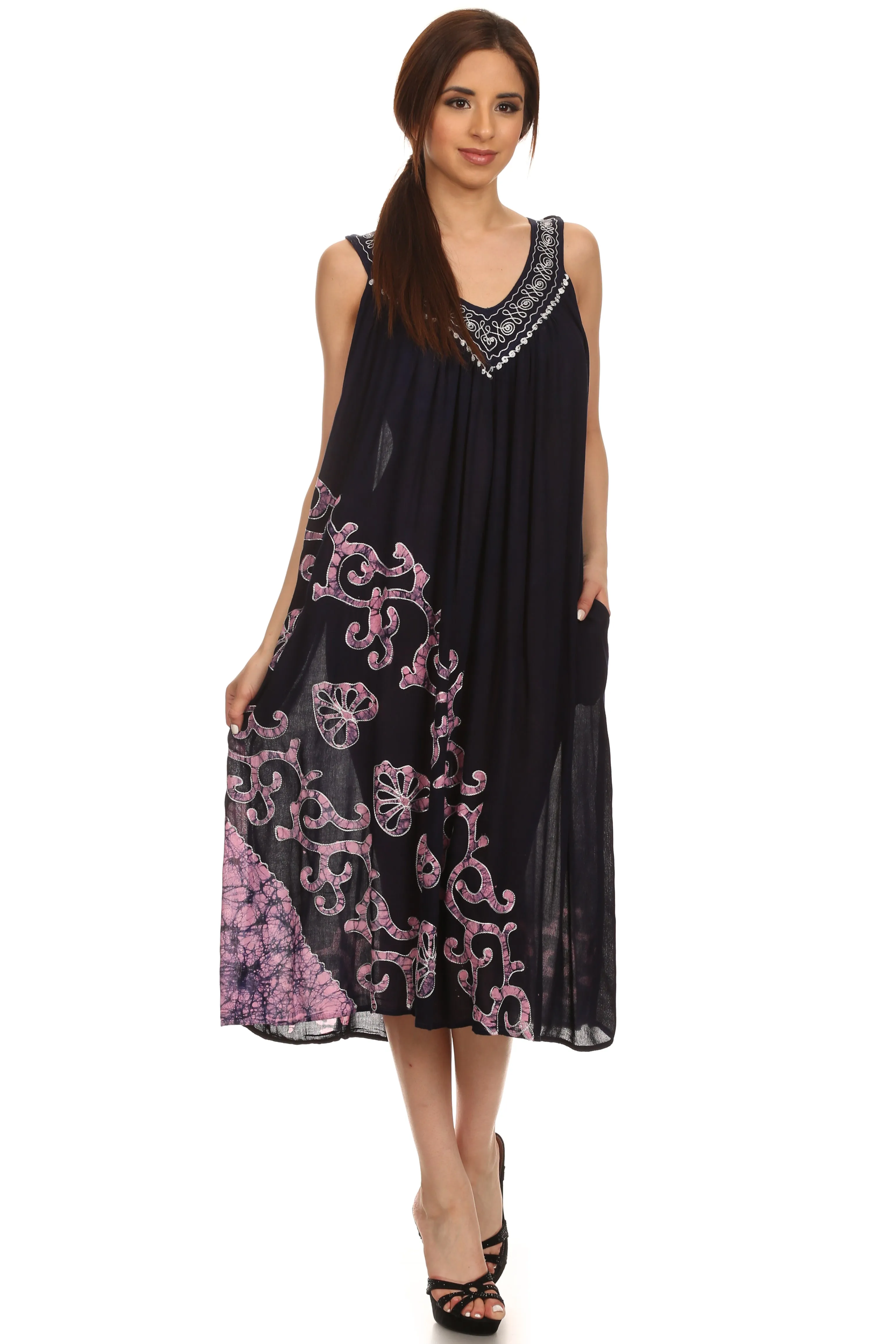 Sakkas Addilyn Embroidered Tank Top Split Neck Dress / Cover Up