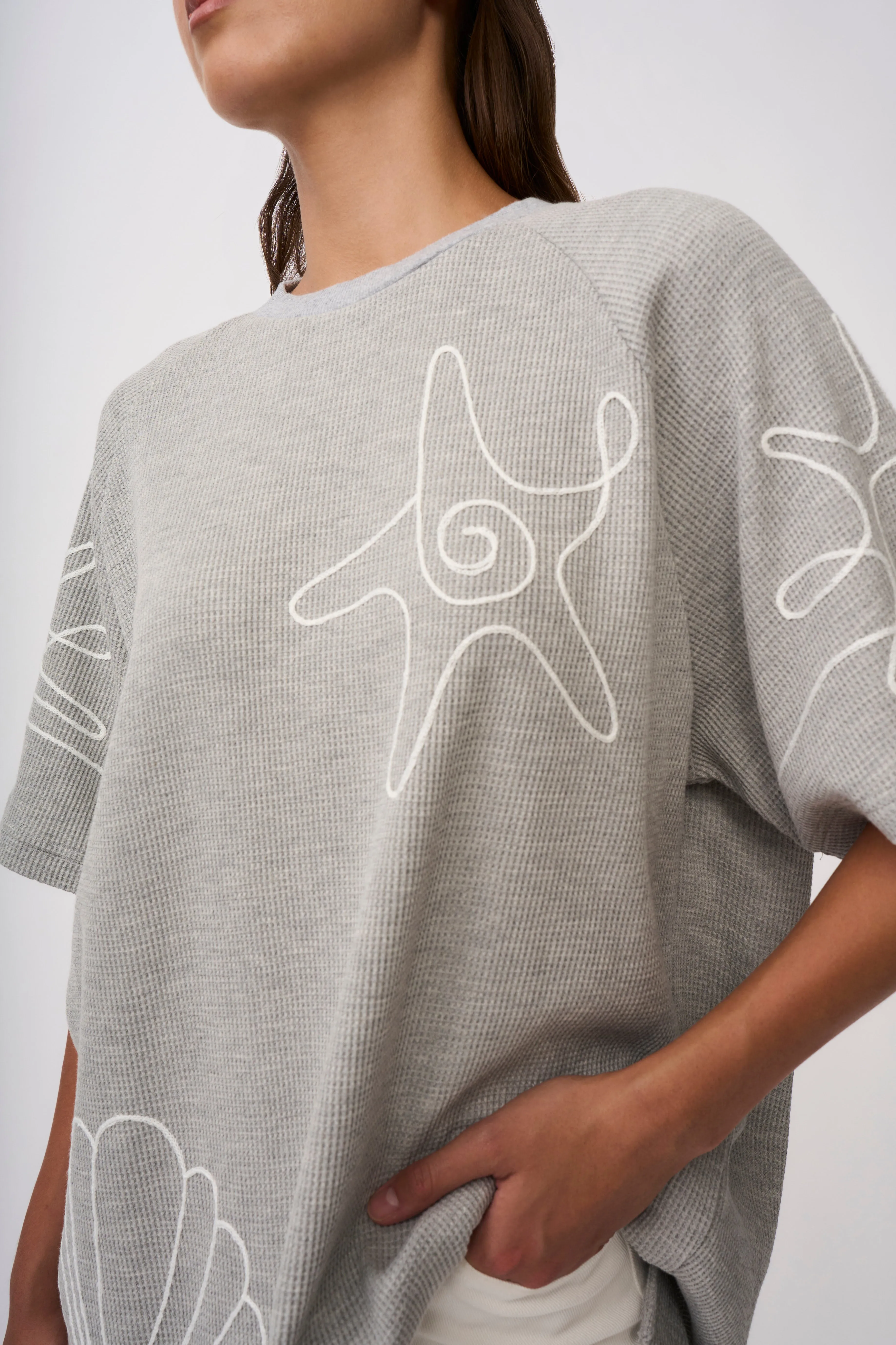 Star Sun Embroidery Tee - Grey Marle