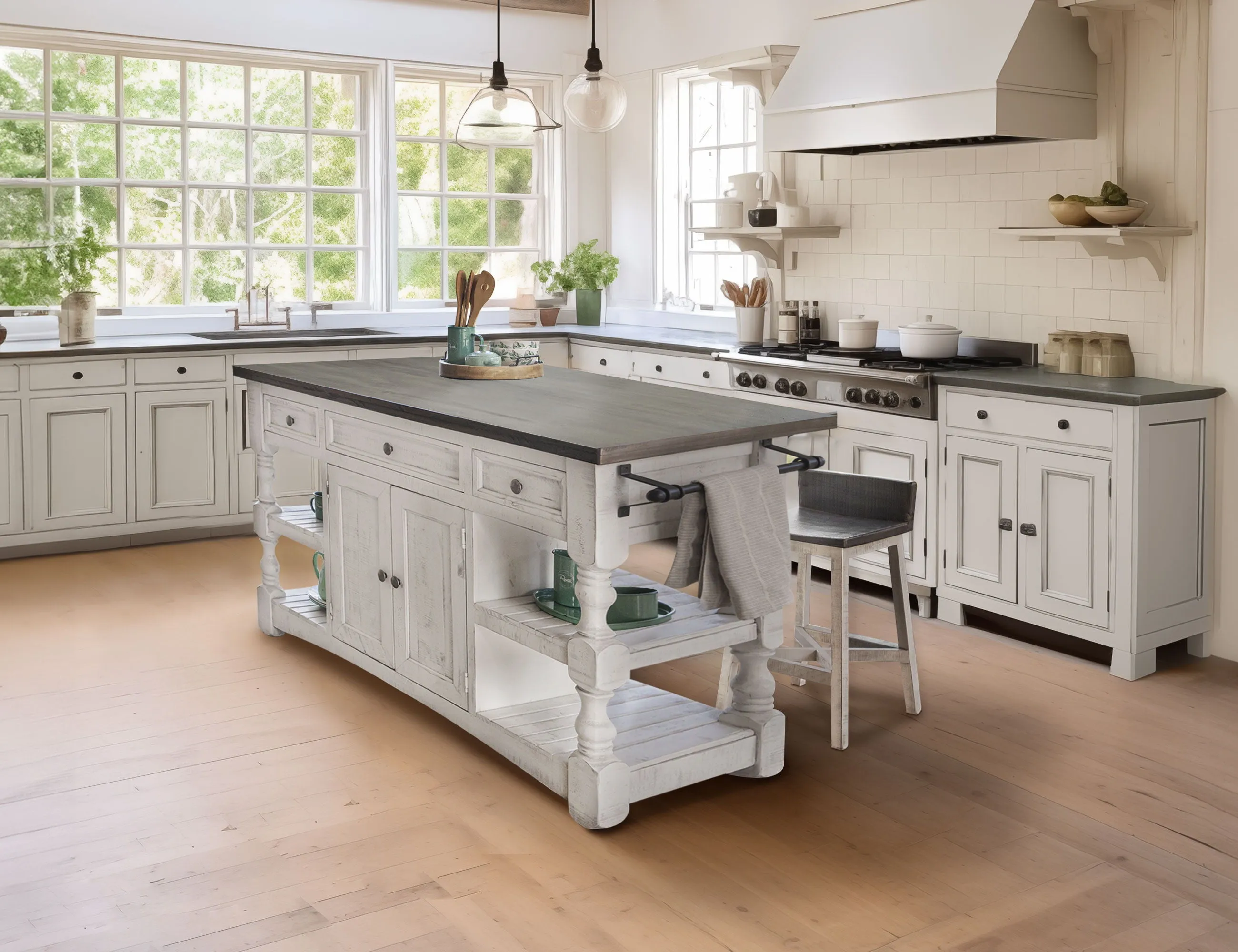 Stone - Kitchen Island With 3 Drawer / 2 Doors / 4 Shelves And Casters - Antiqued Ivory / Weathered Gray