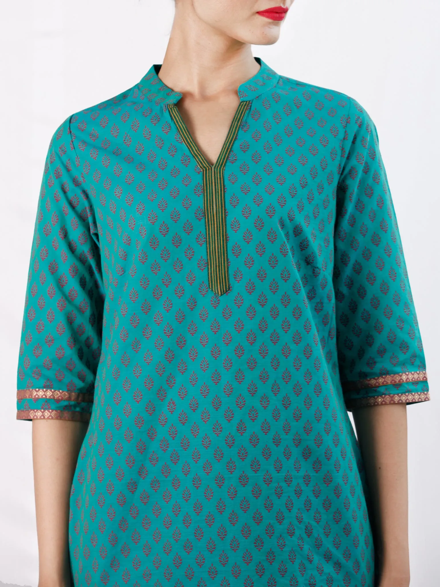 Teal Green Purple South Handloom Cotton Top With  Zari Border - T52FXXX