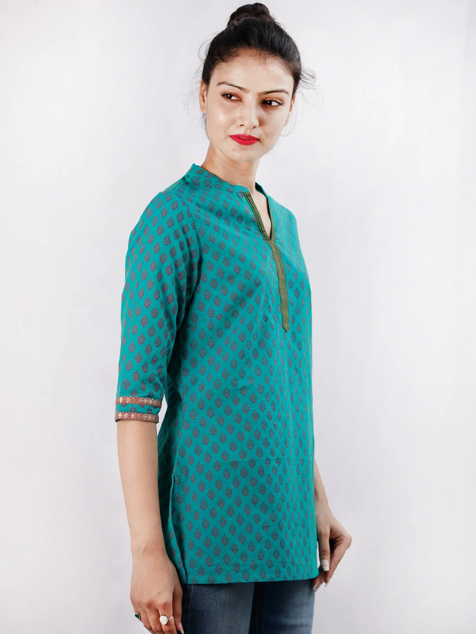 Teal Green Purple South Handloom Cotton Top With  Zari Border - T52FXXX