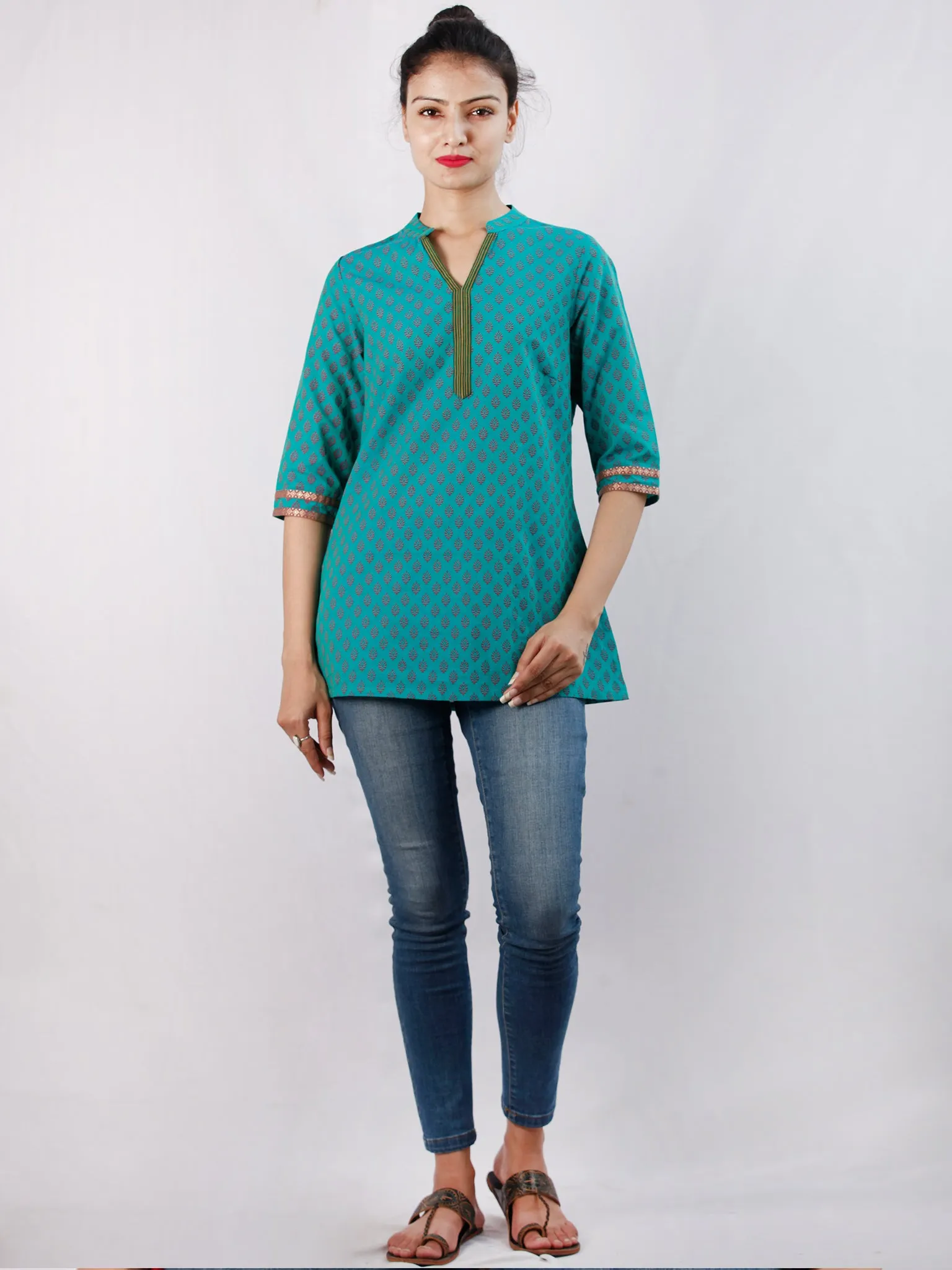 Teal Green Purple South Handloom Cotton Top With  Zari Border - T52FXXX