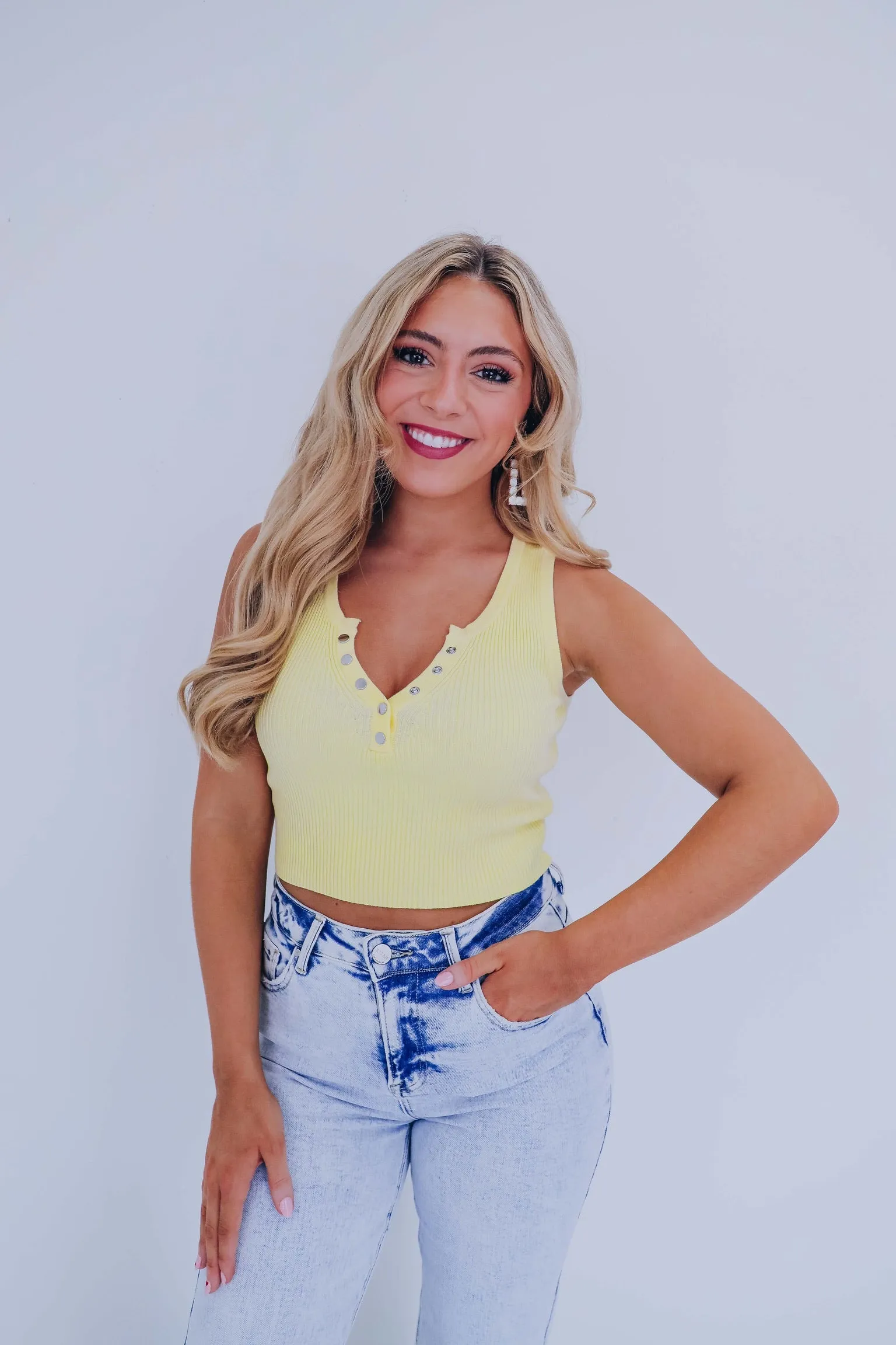 Trendy Button Front Cropped Tank - Yellow