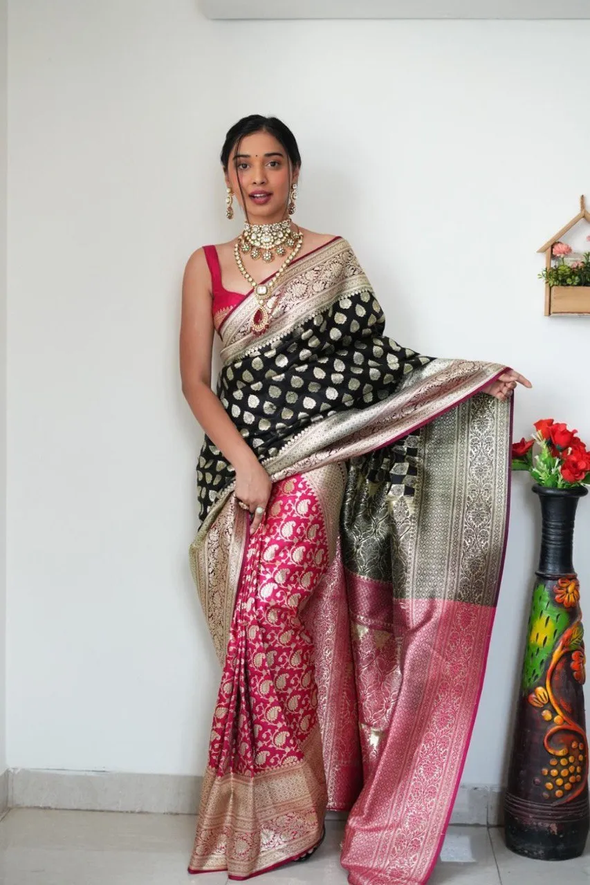 Vestigial 1-Minute Ready To Wear Black Soft Silk Saree