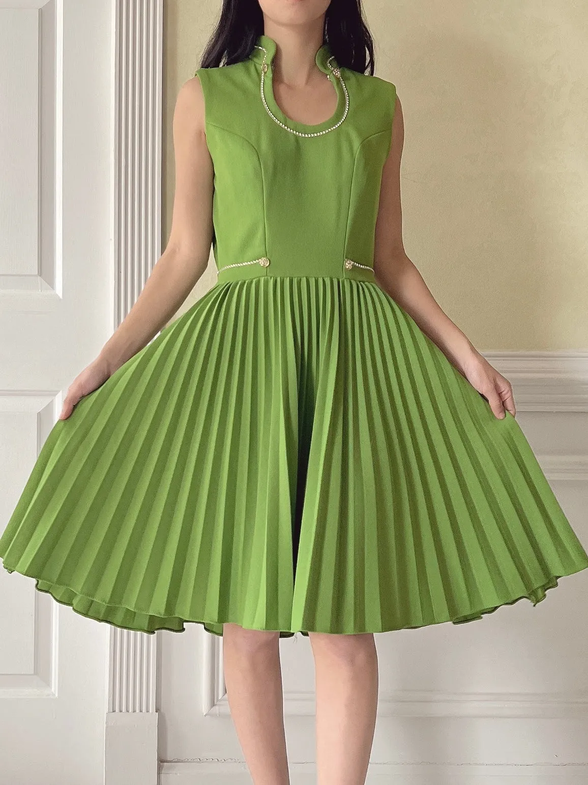 Vintage Green Rayon Pleated Dress - S