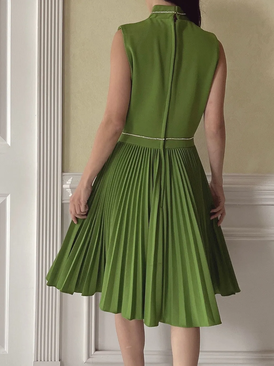 Vintage Green Rayon Pleated Dress - S