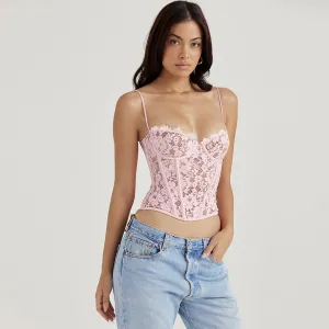 Vintage Lace Satin Spaghetti Strap Sweetheart Corset Cropped Top - Pink