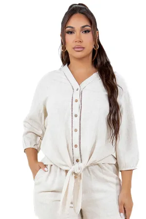 Women's Casual Crochet Trimmed Linen Blend Button Down 3/4 Sleeve Top with Bow Tie Hem