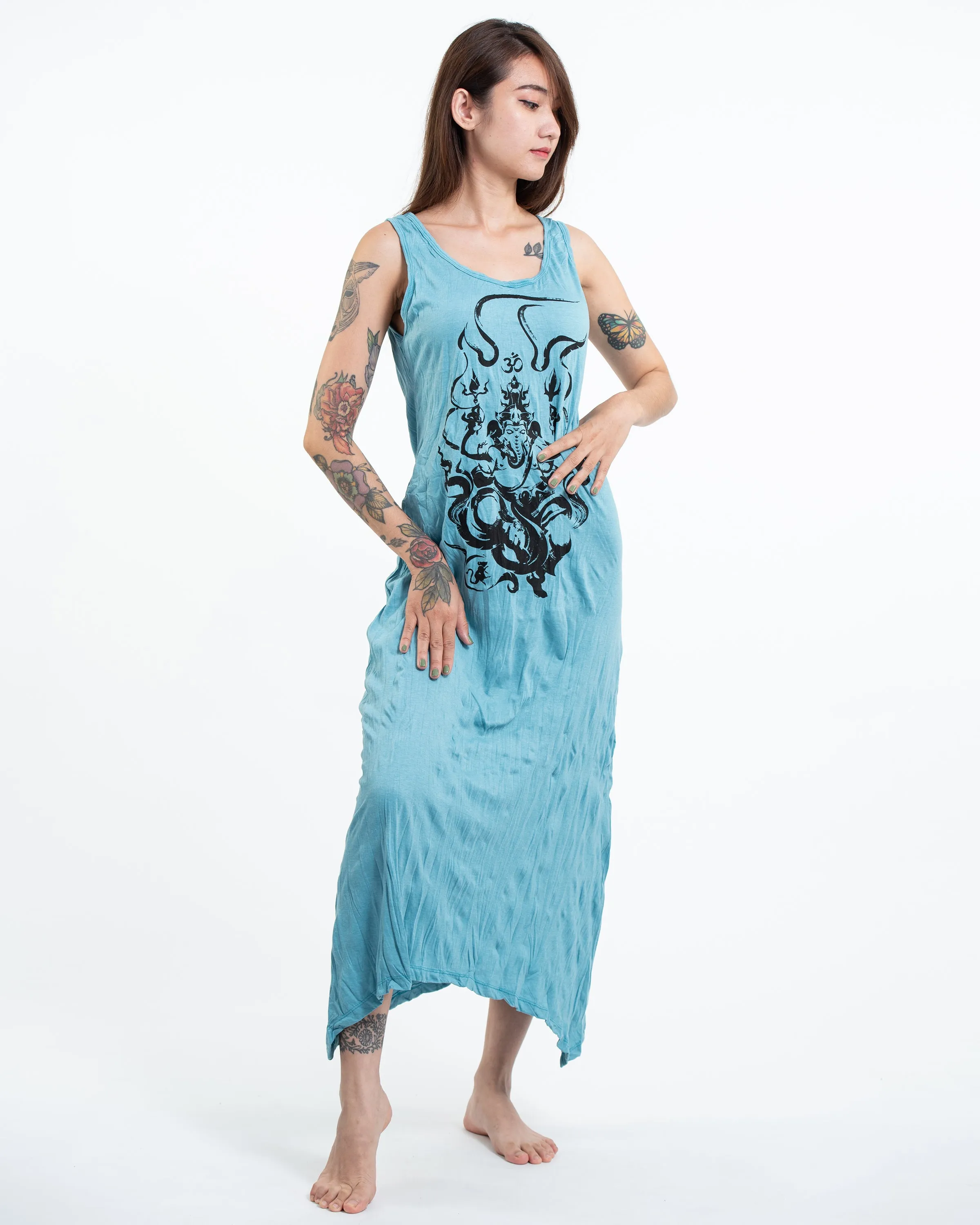 Womens Ganesh Chakra Long Tank Dress in Turquoise