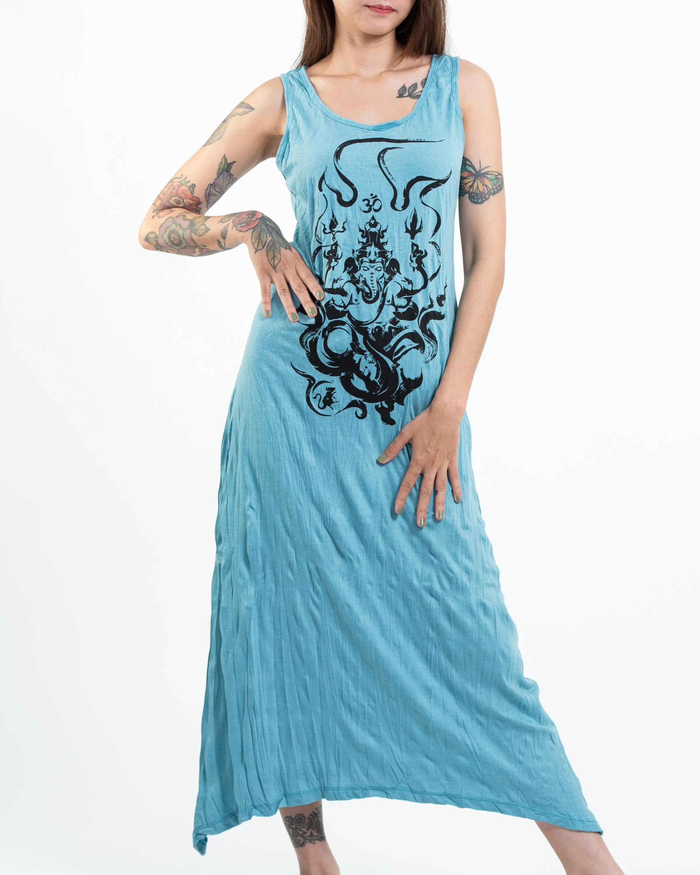 Womens Ganesh Chakra Long Tank Dress in Turquoise