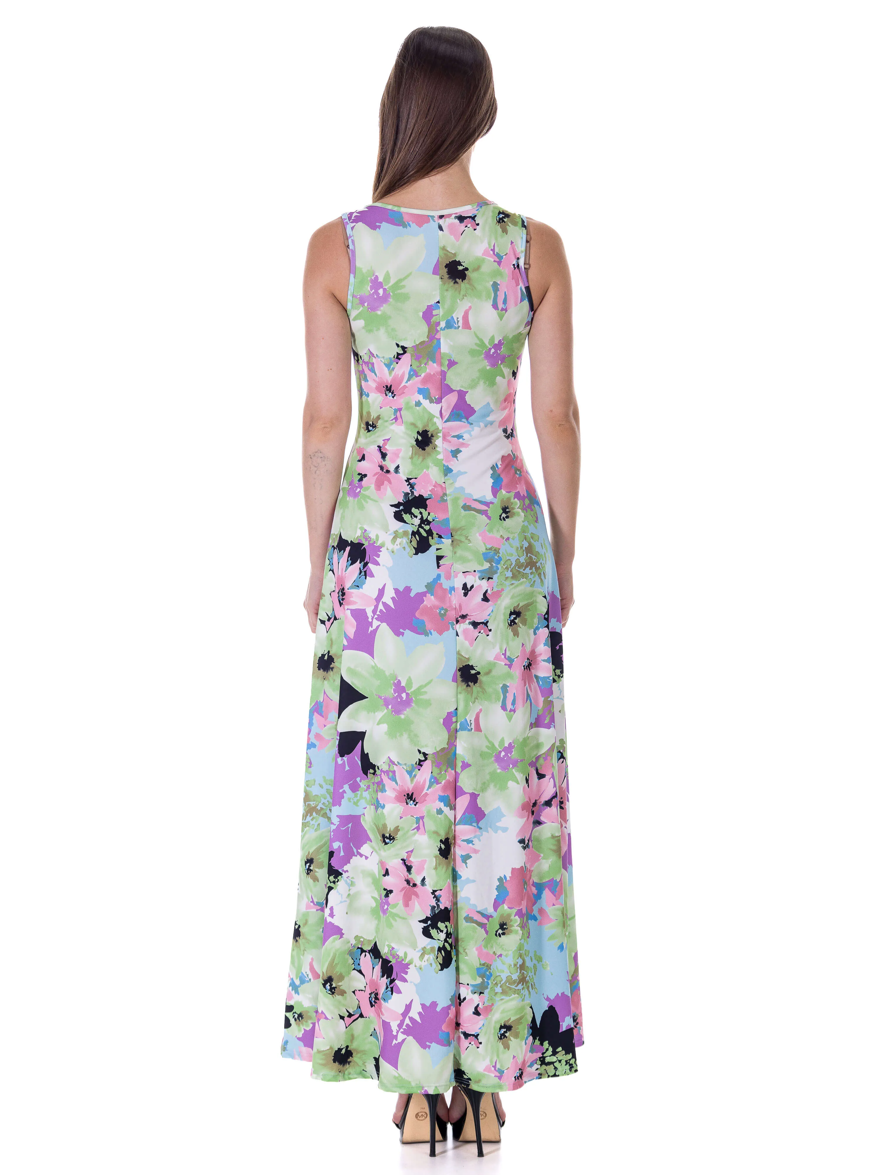 Womens Pastel Floral Scoop Neck A Line Sleeveless Maxi Dress